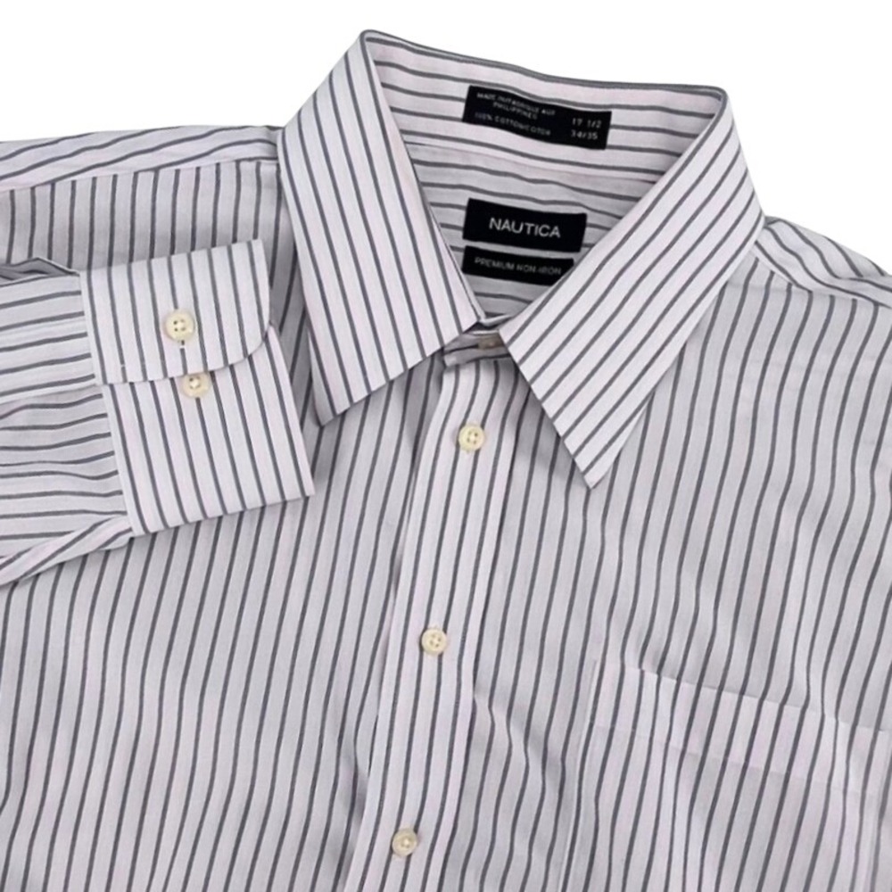 Nautica Dress Shirt Mens 17.5 34/35 White Blue Striped Non-Iron Business Casual